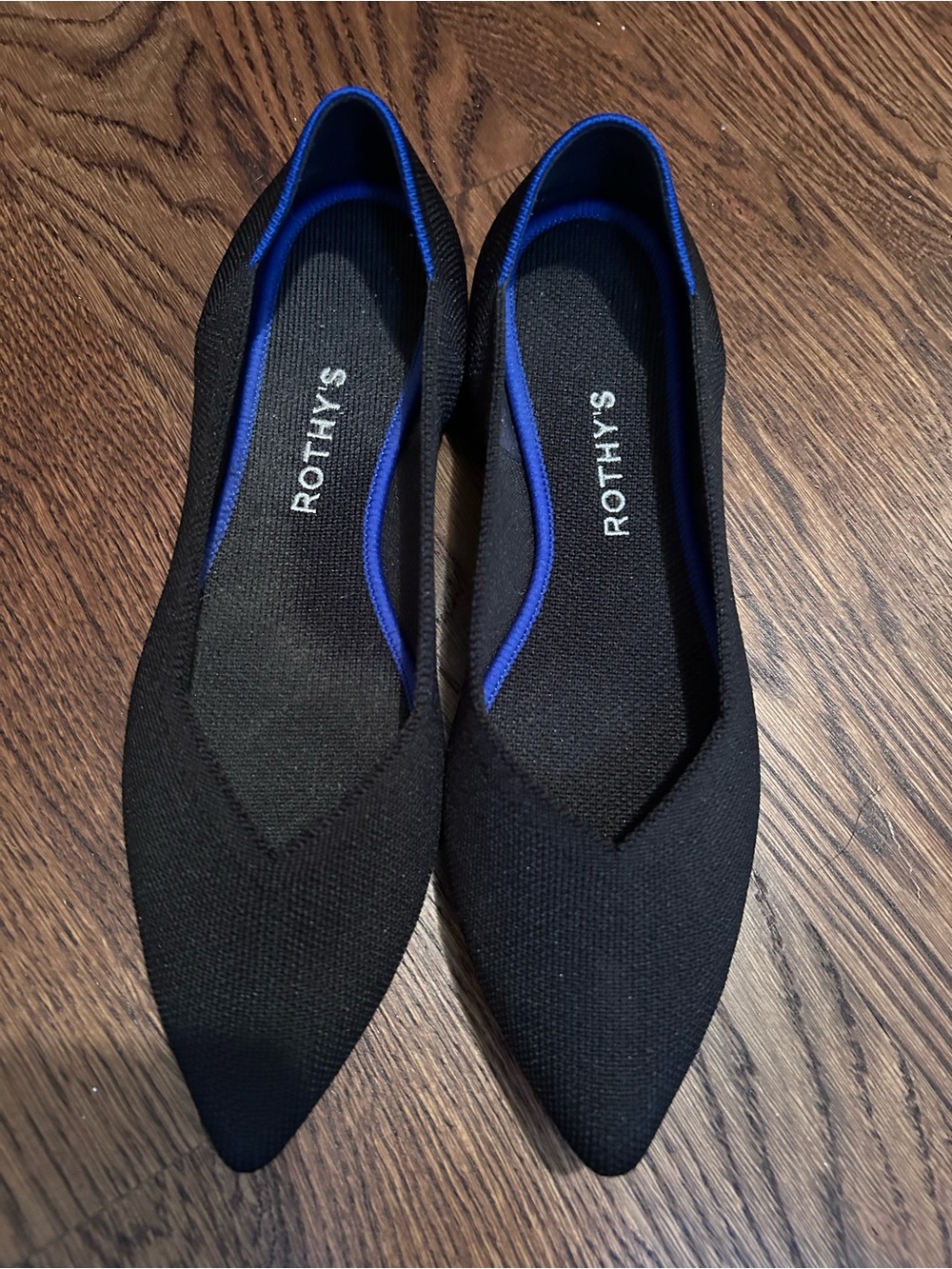 Rothy's Black Pointed Knit Flats with Blue Trim